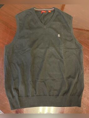 IZOD Sweater Vest Black V-Neck 100% Cotton Large Soft Touch Golf Riding Preppy